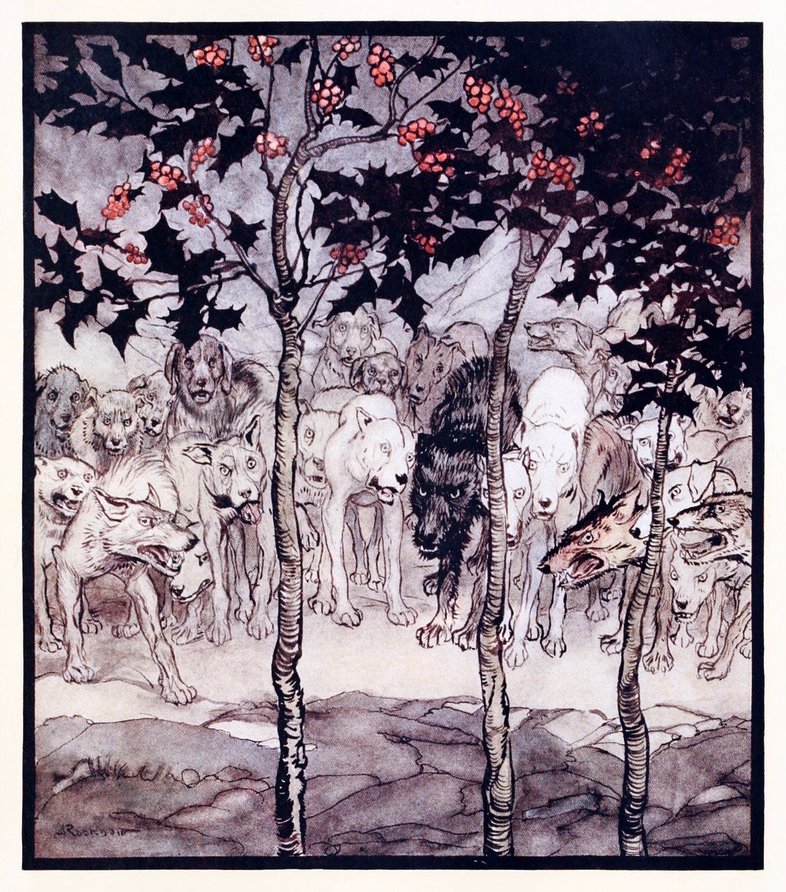 Stáli venku, naplněni divokostí a hrůzou. z The Enchanted Cave of Cesh Corran v Irish Fairy Tales od Arthur Rackham