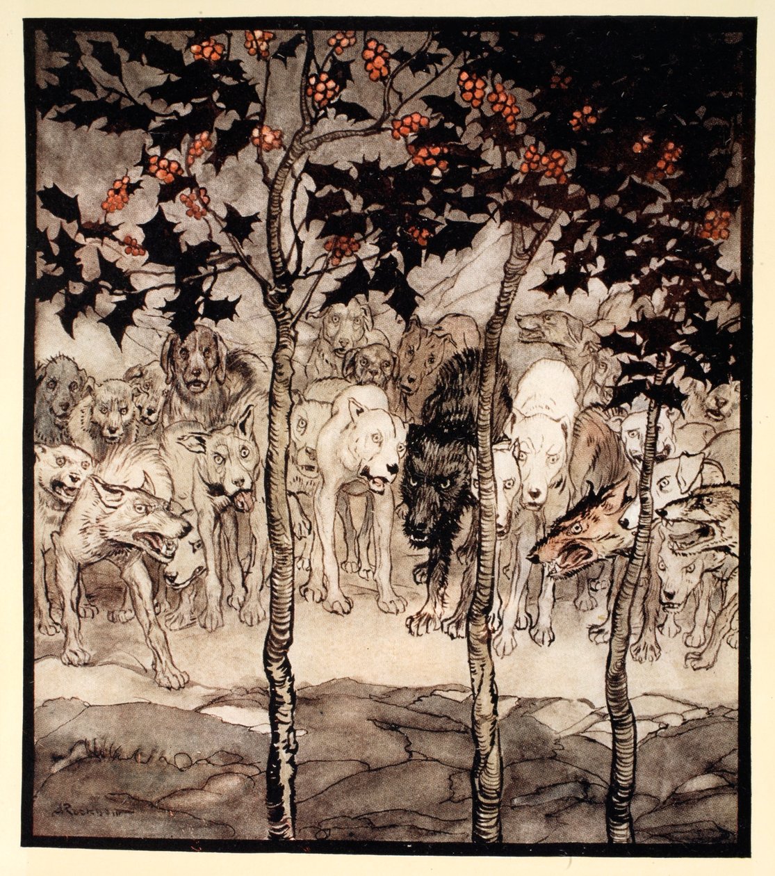 Stáli venku, naplněni divokostí a hrůzou, ilustrace z „Irských pohádek“ od Jamese Stephense od Arthur Rackham