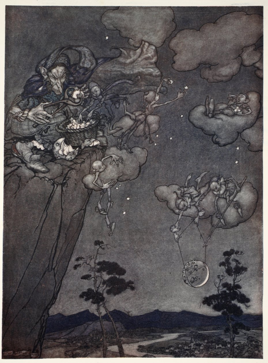 Vládl jim starý duch squaw, který vyvěsil nové měsíce na oblohu a ty staré rozřezal na hvězdy., z Rip Van Winkle od Washington Irving, hospoda. 1910 od Arthur Rackham