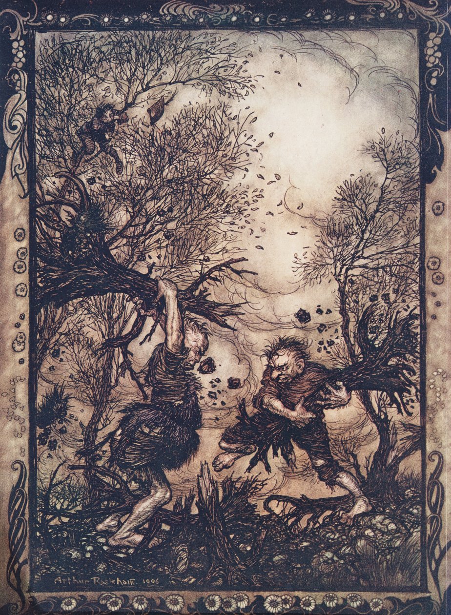 Vyburcovali se k takovému vzteku, že rvali stromy o kořeny a sekali do sebe, dokud oba neupadli mrtví, z hospody Pohádky bratří Grimmů. 1909 od Arthur Rackham