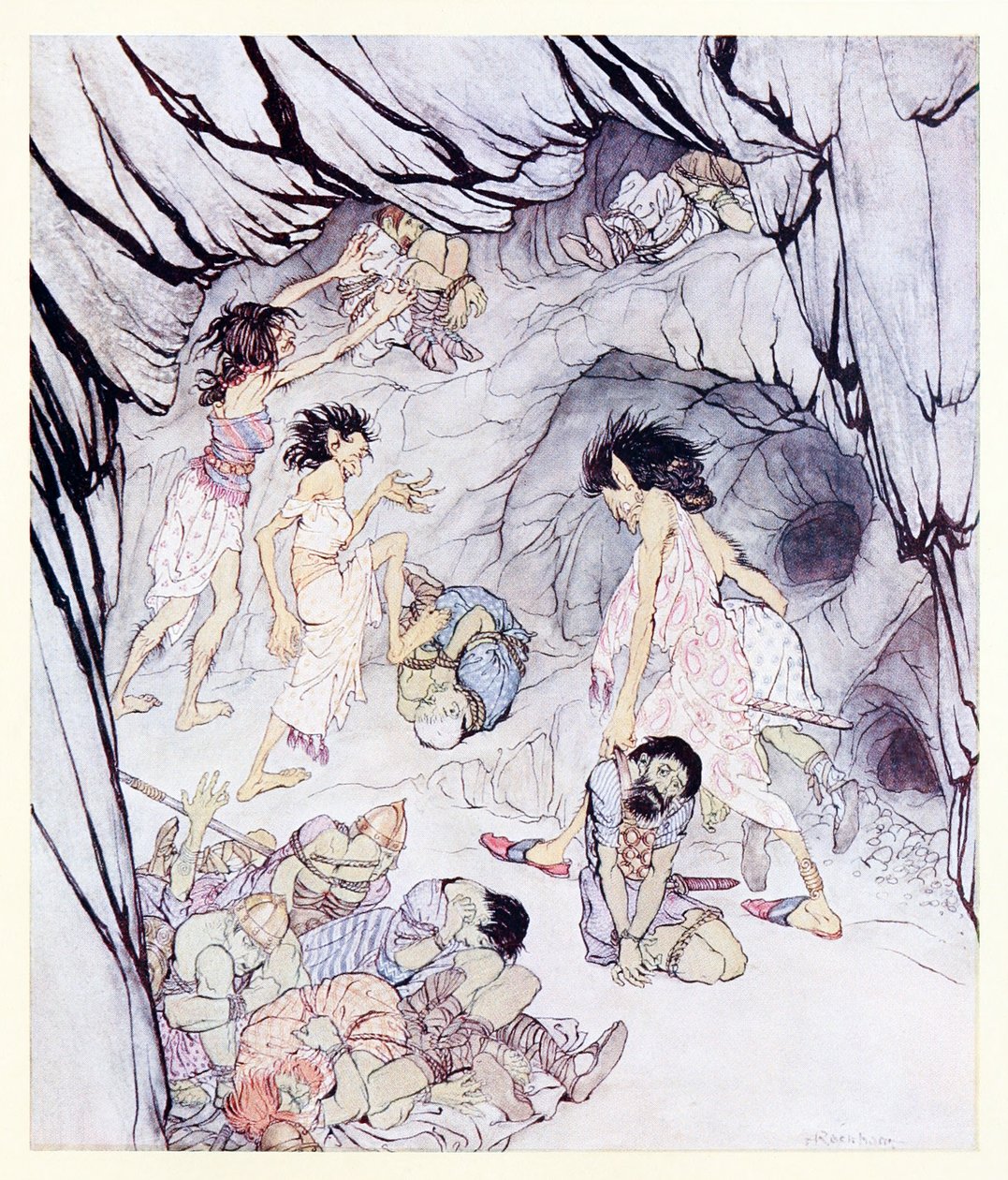 Tenhle je tlustý, řekl Cullen, a ona svezla objemného Feniana jako na kole z Začarované jeskyně Cesh Corran v Irských pohádkách od Arthur Rackham