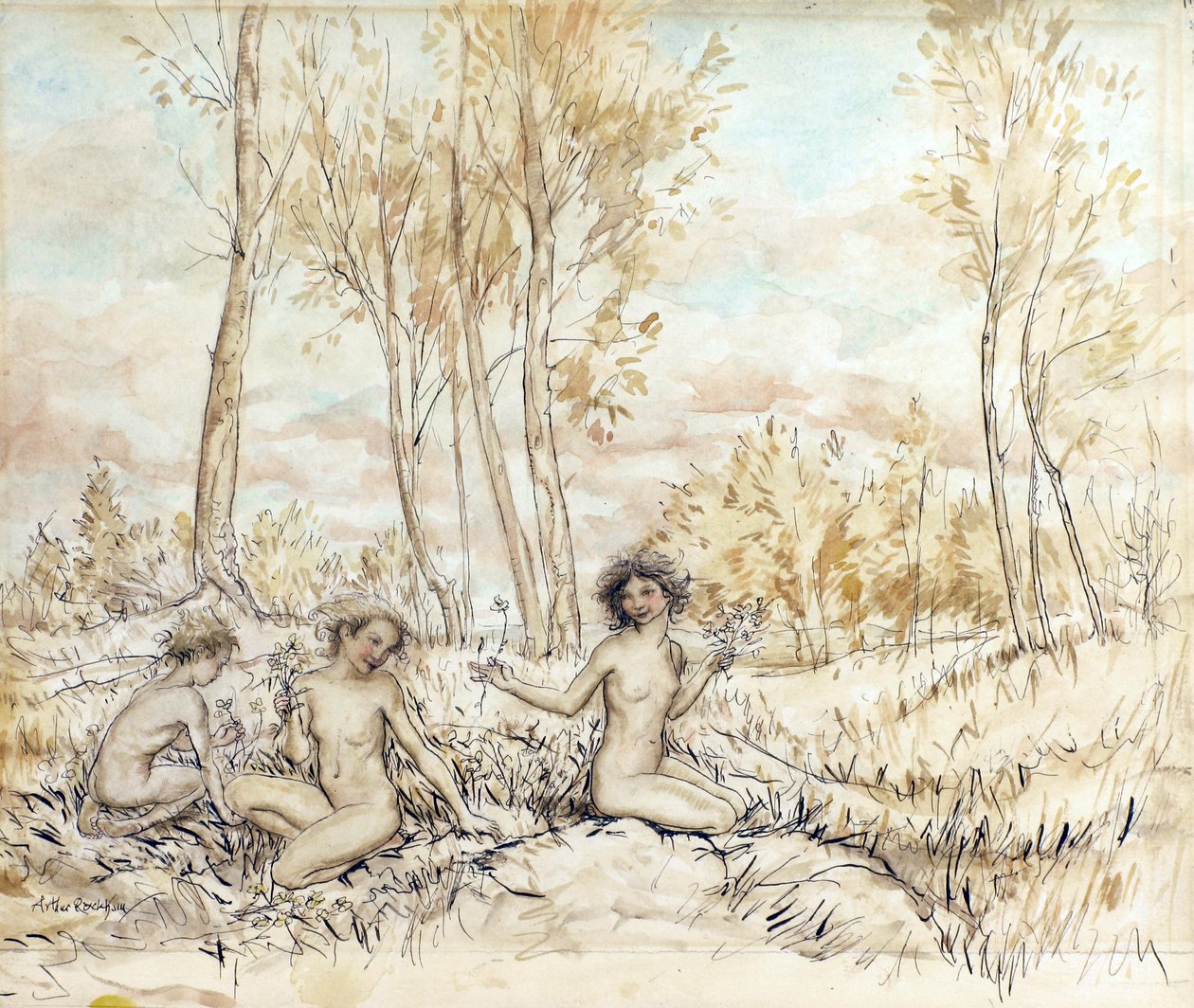 Tři dřevěné nymfy sbírají květiny (pero, inkoust a wc na papíře) od Arthur Rackham