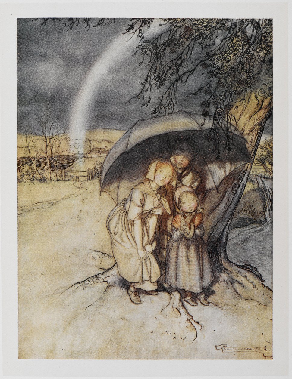Tři děti ukrývající se pod deštníkem s duhou. "Déšť, déšť, jeďte do Španělska." od Arthur Rackham