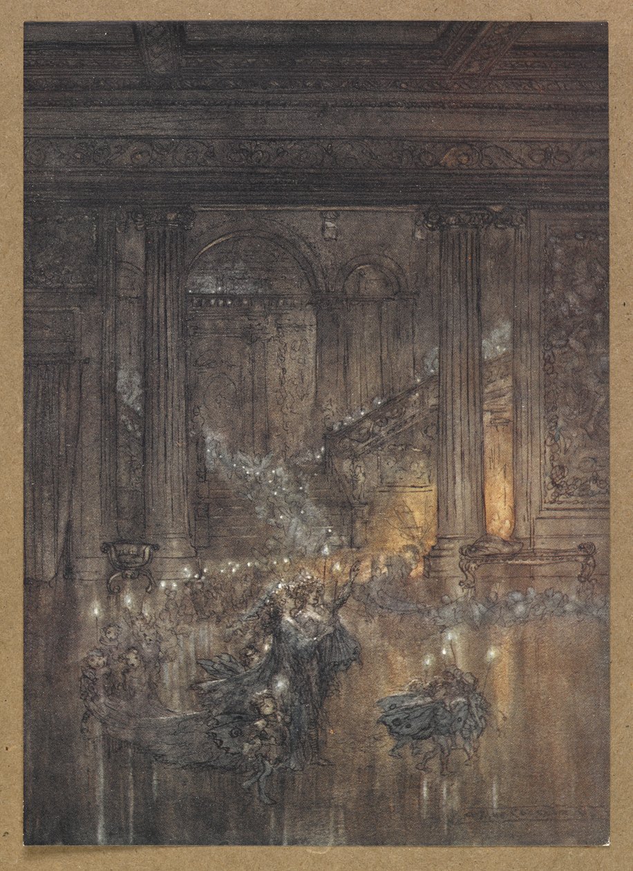 Skrze dům dejte třpytivé světlo u mrtvého a ospalého ohně“. Scéna ze „Snu noci svatojánské“. od Arthur Rackham
