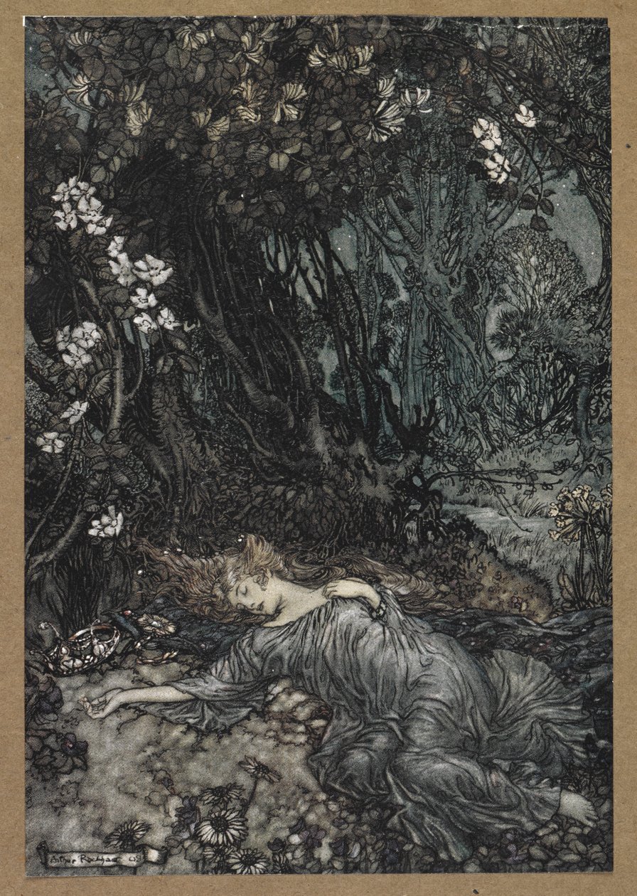 Titania ležící a spí. Scéna ze „Snu noci svatojánské“. od Arthur Rackham