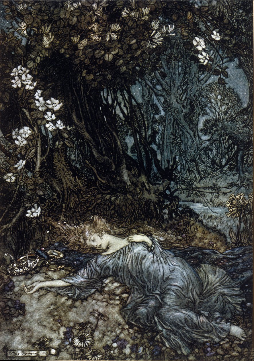 Titania, královna poplatků, spí. Ilustrace Arthur RACKHAM (1867-1939) pro Sen letní noci od Williama SHAKESPEARE od Arthur Rackham