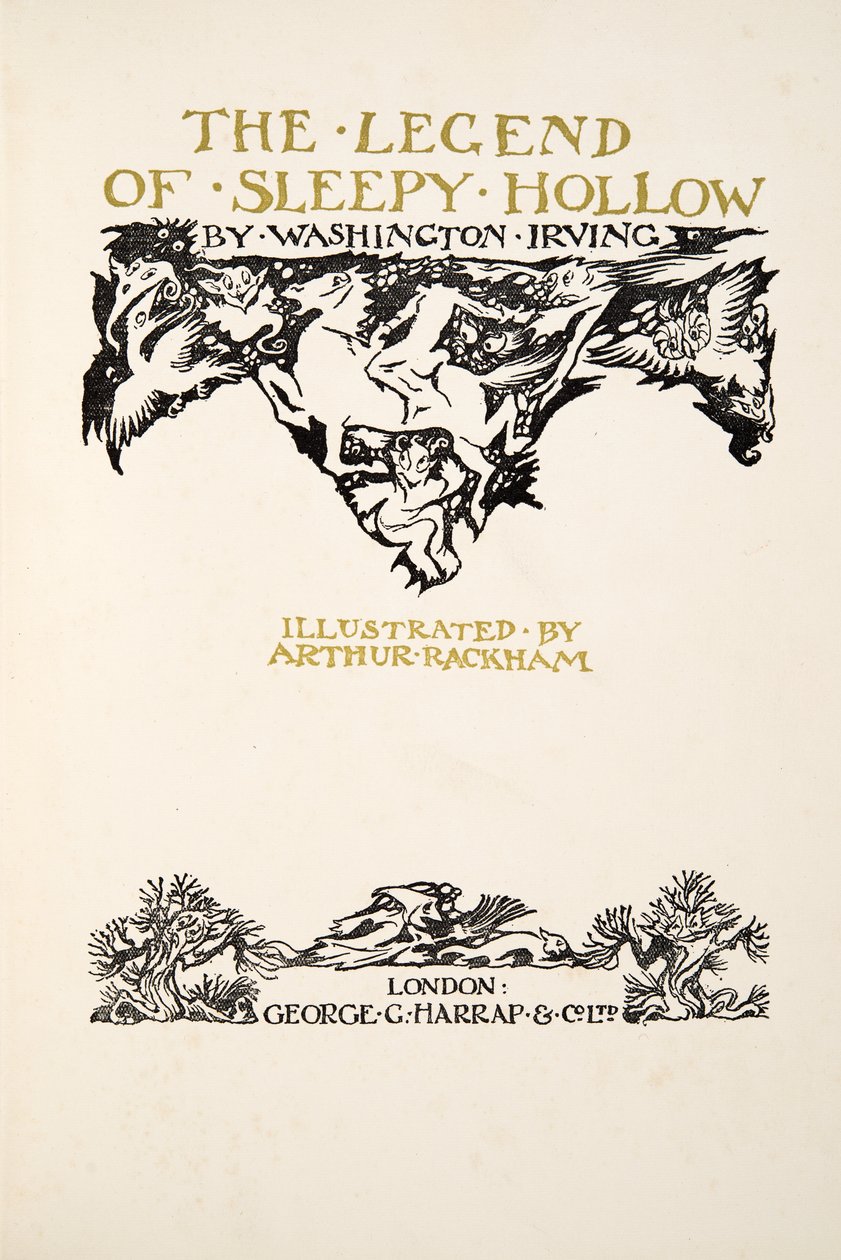 Titulní strana, z The Legend of Sleepy Hollow od Washingtona Irvinga (1783 - 1859), pub. 1928 od Arthur Rackham
