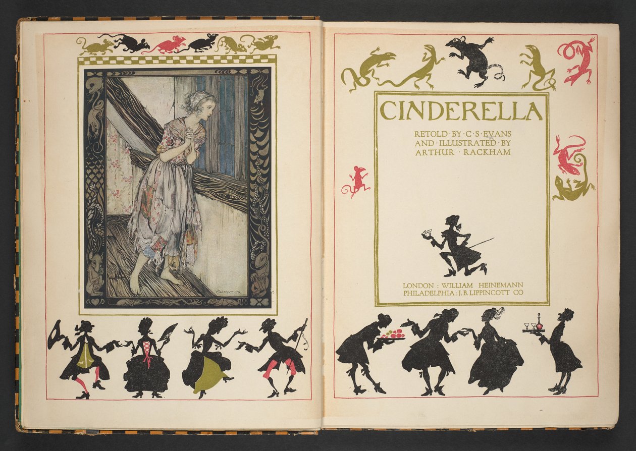 Titulní strana a frontispis z Popelky, převyprávěný C.S. Evansem a ilustrovaný Arthurem Rackhamem od Arthur Rackham