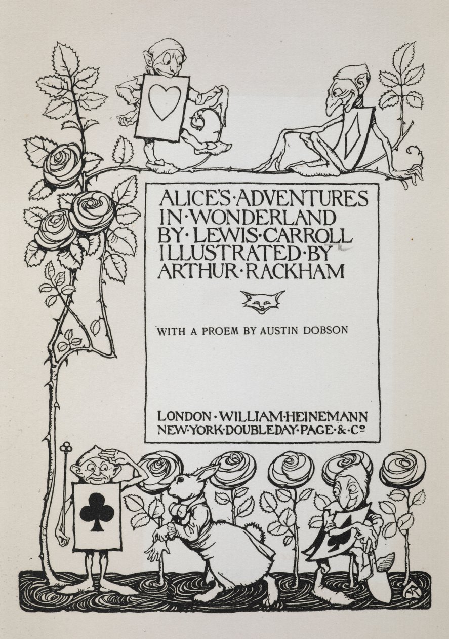 Titulní strana s růžovým keřem, bílým králíkem a muži oblečenými jako karty od Arthur Rackham