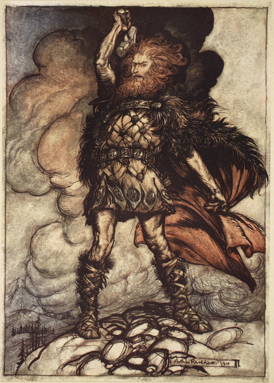„Na houpačku mého kladiva Smet dolů Výpary a mlhy! Vznášející se mlhy! Donner, váš pán, svolává své hostitele!“, ilustrace z „The Rhinegold and the Valkyrie“, 1910 od Arthur Rackham