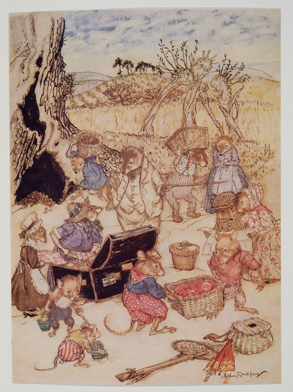 Dnes však, i když byli dost civilní, se zdálo, že polní myši a sklizňové myši jsou zaneprázdněné, z hospody Wind in the Willows od Kennetha Grahama (1859 - 1932). 1940 od Arthur Rackham