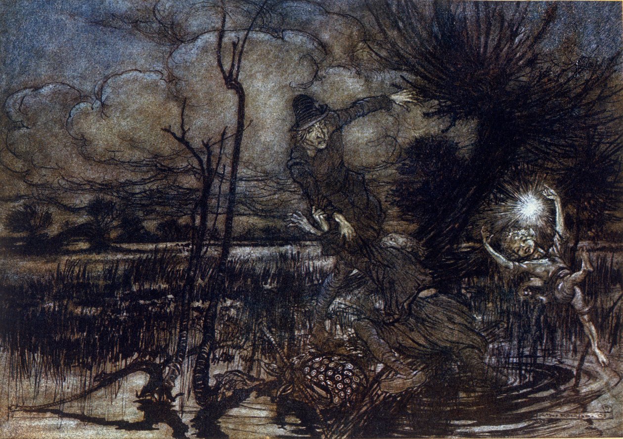Dvě postavy se nedaří utopit v bažině, Puk jim pomáhá s ohněm. Ilustrace Arthur RACKHAM (1867-1939) pro Sen letní noci od Williama SHAKESPEARE od Arthur Rackham