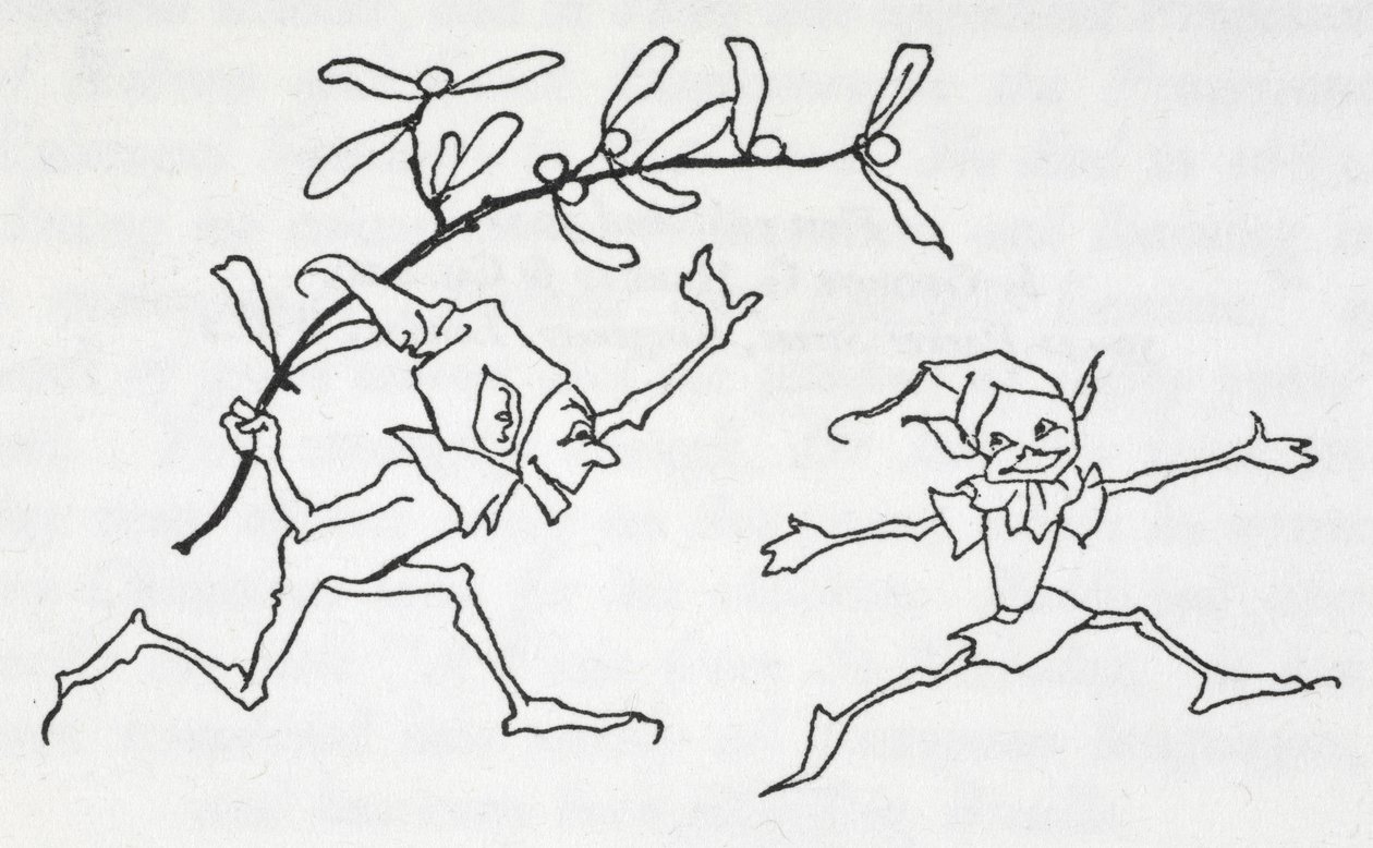 Dva elfové si hrají, jeden nese snítku jmelí od Arthur Rackham