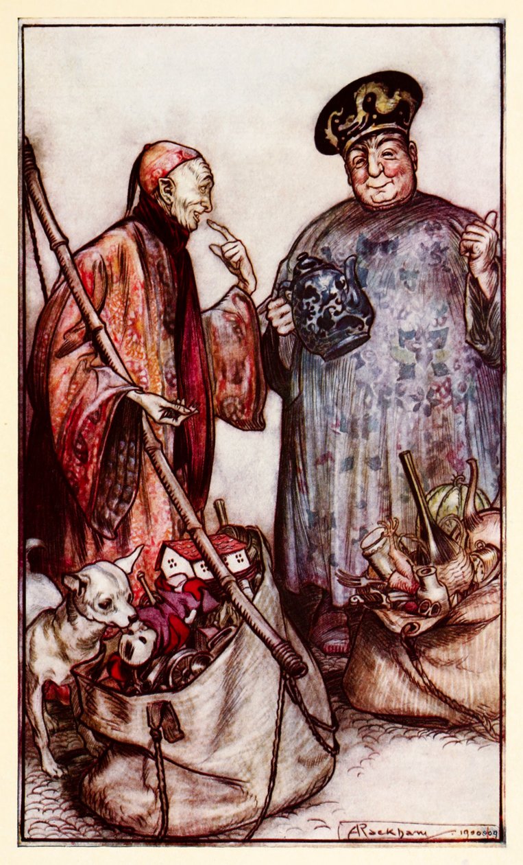 Dva z těch mudrců... jako podomáci mezi námi (vyjadřující se věcmi, které nosí s sebou) z části III: Cesta do Laputy, Balnibarbi, Luggnagg, Glubbdubdrib a Japonska v Gullivers Travels od Arthur Rackham