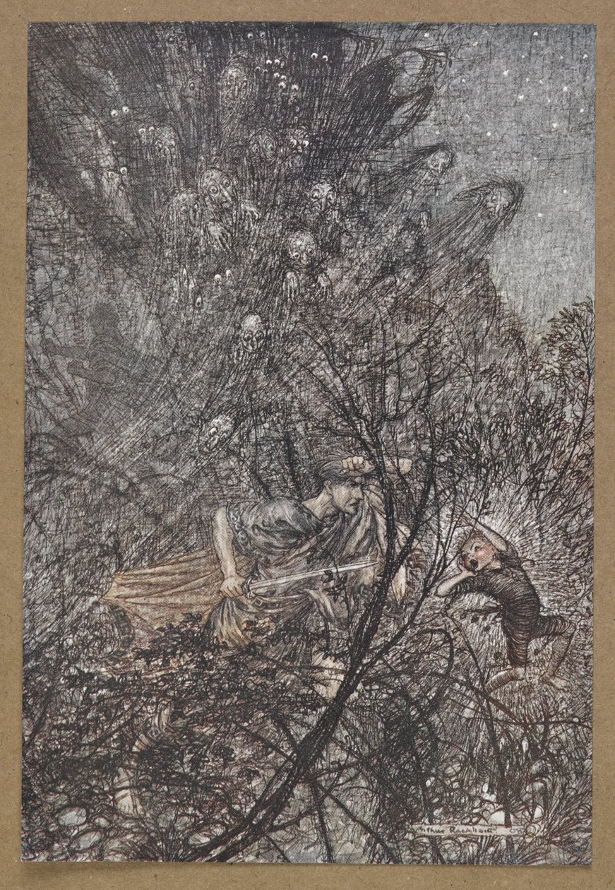 Nahoru a dolů, nahoru a dolů, gobline, veďte je nahoru a dolů. Scéna ze „Snu noci svatojánské“. od Arthur Rackham
