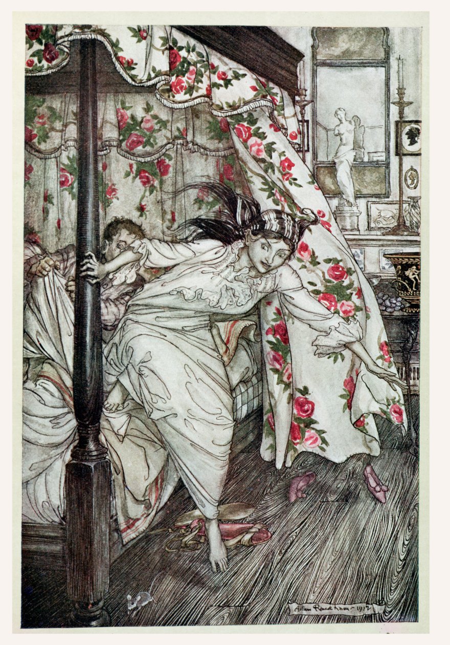 Venuše a kočka, ilustrace z „Ezopových bajek“, vydal Heinemann, 1912 (barevně lito) od Arthur Rackham