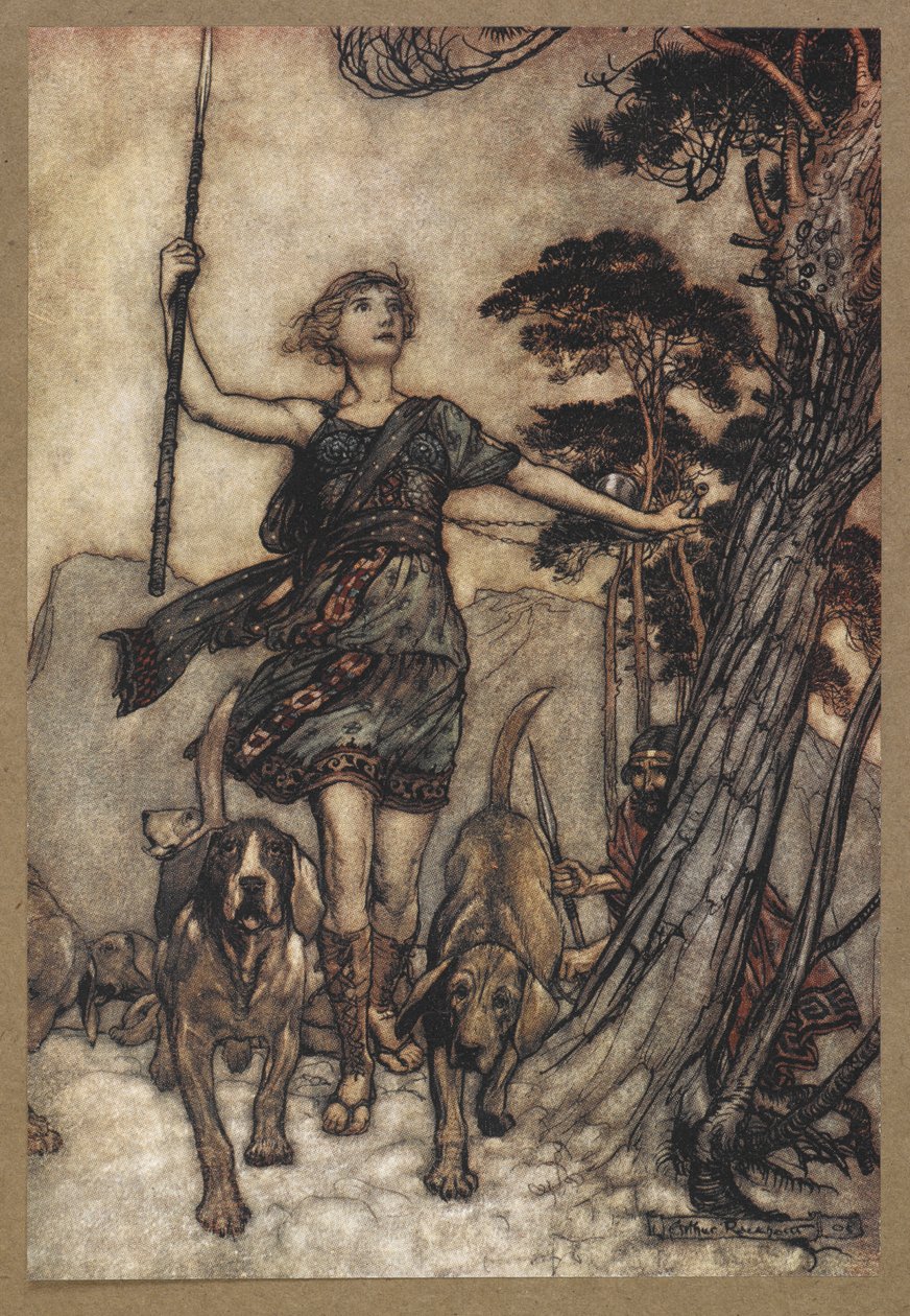 Půjdeme, krásná královno, až na vrchol hory a označíme hudební zmatek psů a ozvěnu ve zmatku“. Scéna ze „Snu noci svatojánské“. od Arthur Rackham