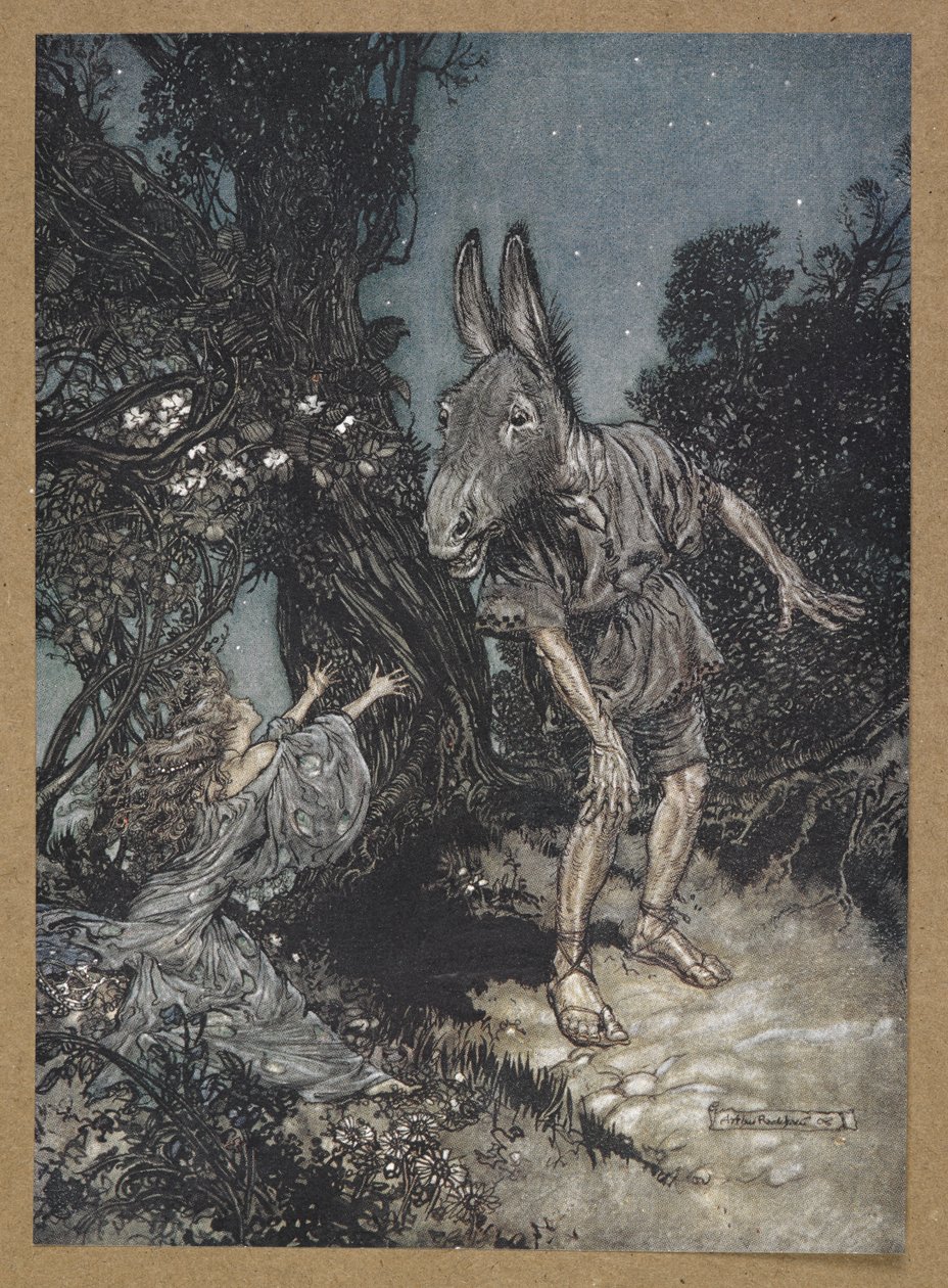 "Jaký anděl mě probouzí z mé květinové postele?" Titania a dno. Scéna ze „Snu noci svatojánské“. od Arthur Rackham