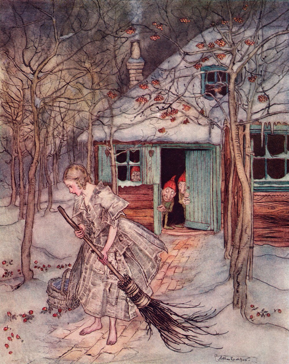 Co tam našla, než opravdové zralé jahody. Ilustrace Arthura Rackhama z Grimmovy pohádky Tři malí muži v lese, vydané koncem 19. století. od Arthur Rackham