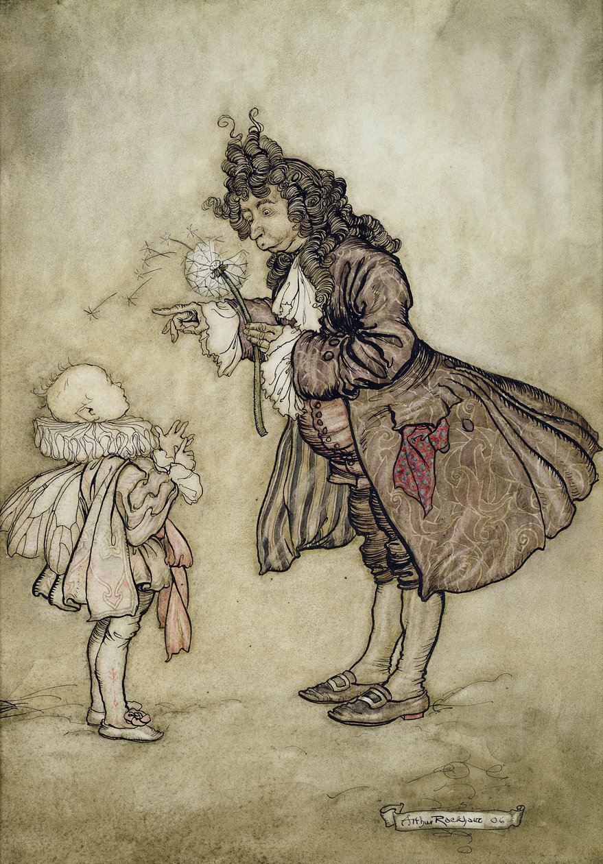 Když Její Veličenstvo chce znát čas, od Petera Pana v Kensington Gardens od J. M. Barrieho, hospoda. od Hodder a Stoughton, 1906 (pero a inkoust s wc na papíře) od Arthur Rackham