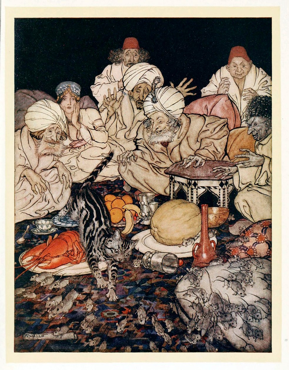 Když Puss uviděla krysy a myši, nečekala, až jí to řeknou z hospody English Fairy Tales. 1922. od Arthur Rackham
