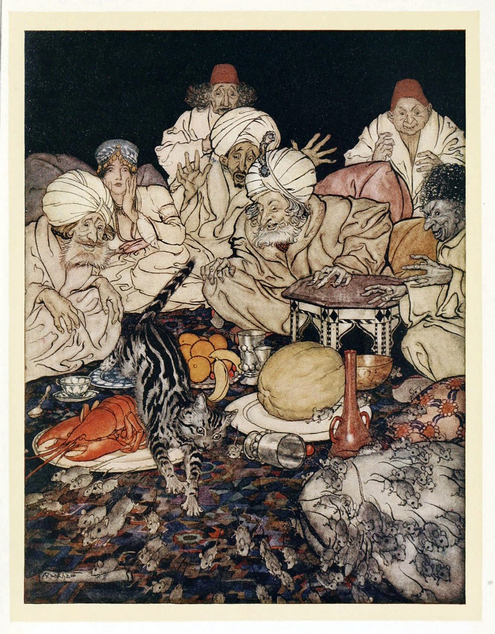 Když Puss uviděla krysy a myši, nečekala, až jí to řeknou z hospody English Fairy Tales. 1922 od Arthur Rackham