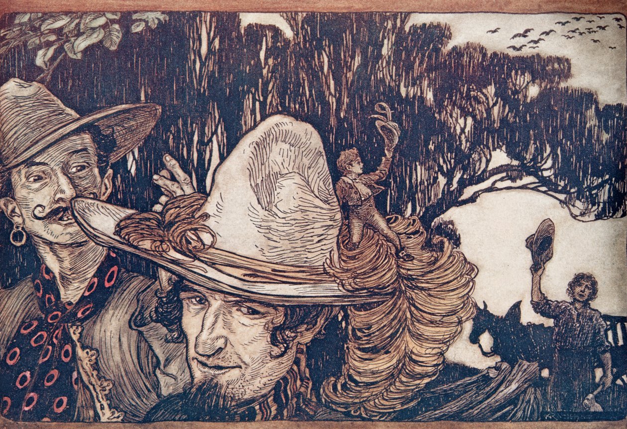 Když se Tom rozloučil se svým otcem, odešli s ním... z hospody Pohádky bratří Grimmů. 1909 od Arthur Rackham