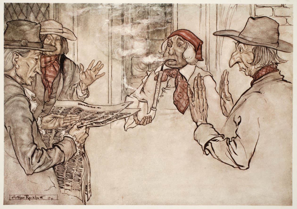 Když se mu něco nelíbilo, bylo pozorováno, jak vehementně kouří dýmku a vysílal krátké, časté a zlostné potahy, od Rip Van Winkle, Washington Irving, hospoda. 1910 od Arthur Rackham