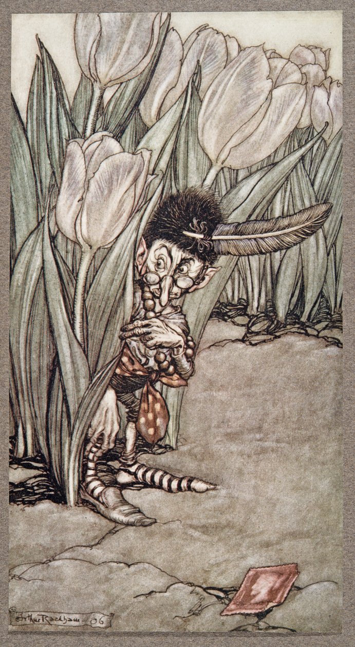 Když uslyšel Peterův hlas, vyděšeně vyskočil za tulipánem od Petera Pana v Kensington Gardens od J. M. Barrieho (1860 - 1937), hospoda. 1906 od Arthur Rackham