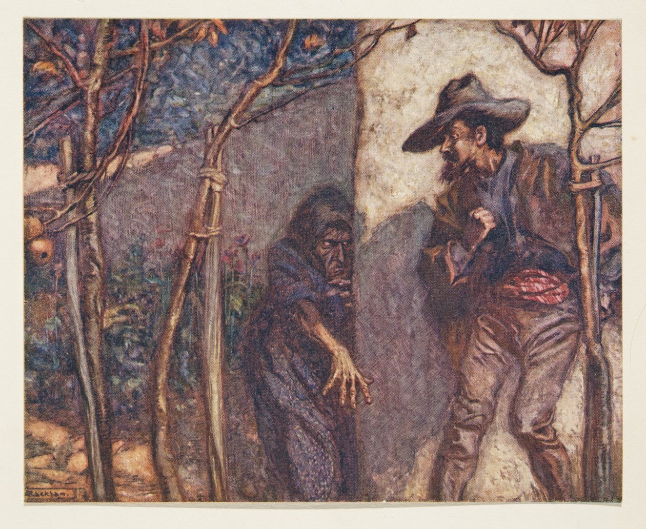 Když přešel zeď, vyděsil se, když před sebou viděl čarodějnici z hospody Pohádky bratří Grimmů. 1909 od Arthur Rackham