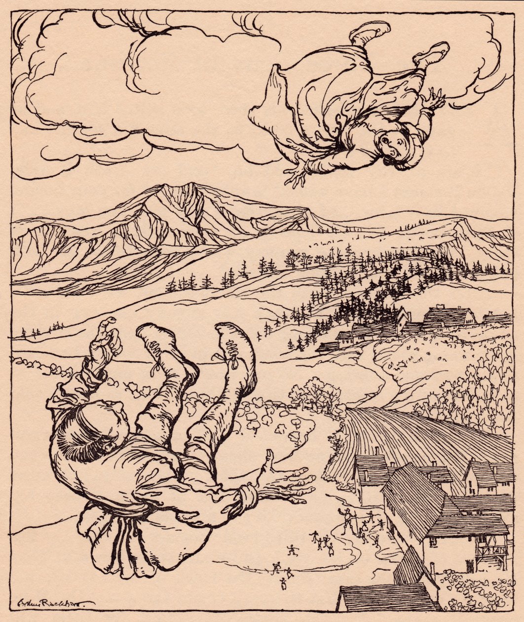 Když ji manžel uviděl, zakřičel: Ahoj! pojď sem ke mně". Ilustrace Arthur Rackham z Grimmovy pohádky Mladý obr." od Arthur Rackham