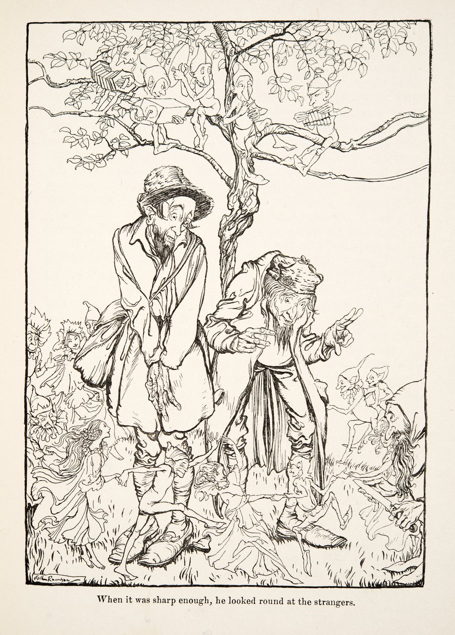 Když byla dostatečně ostrá, rozhlédl se po cizích lidech z knihy Bratr a sestřička a jiné příběhy bratří Grimmů, pub. 1917 (litho) od Arthur Rackham