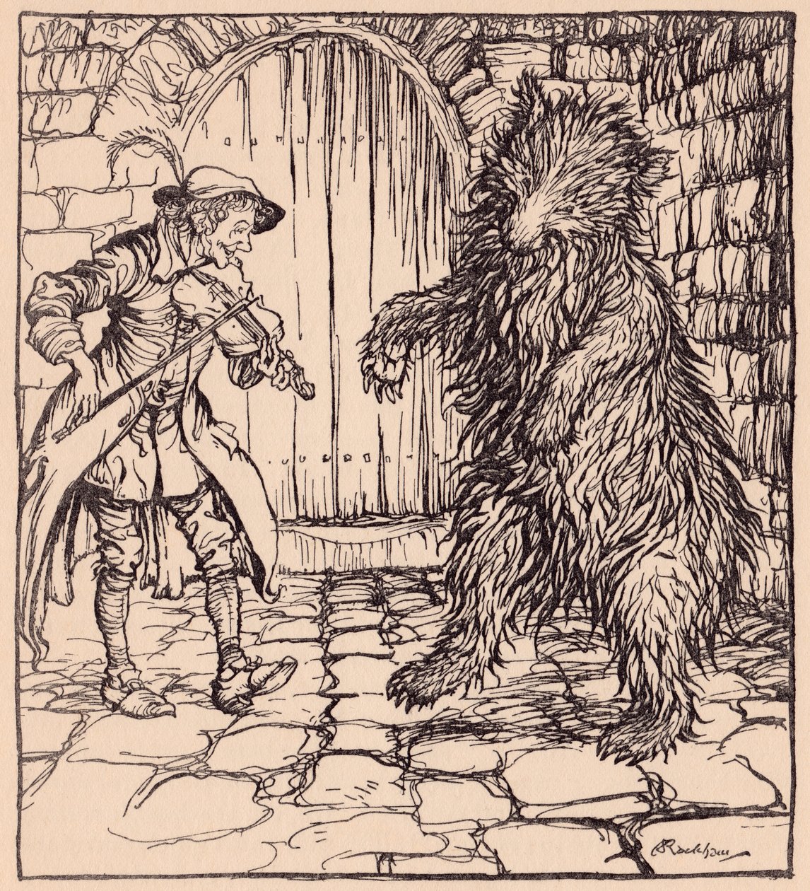 Když medvěd uslyšel hudbu, nemohl si pomoci a začal tančit. Ilustrace Arthura Rackhama z Grimmovy pohádky Malý mazaný krejčí. od Arthur Rackham