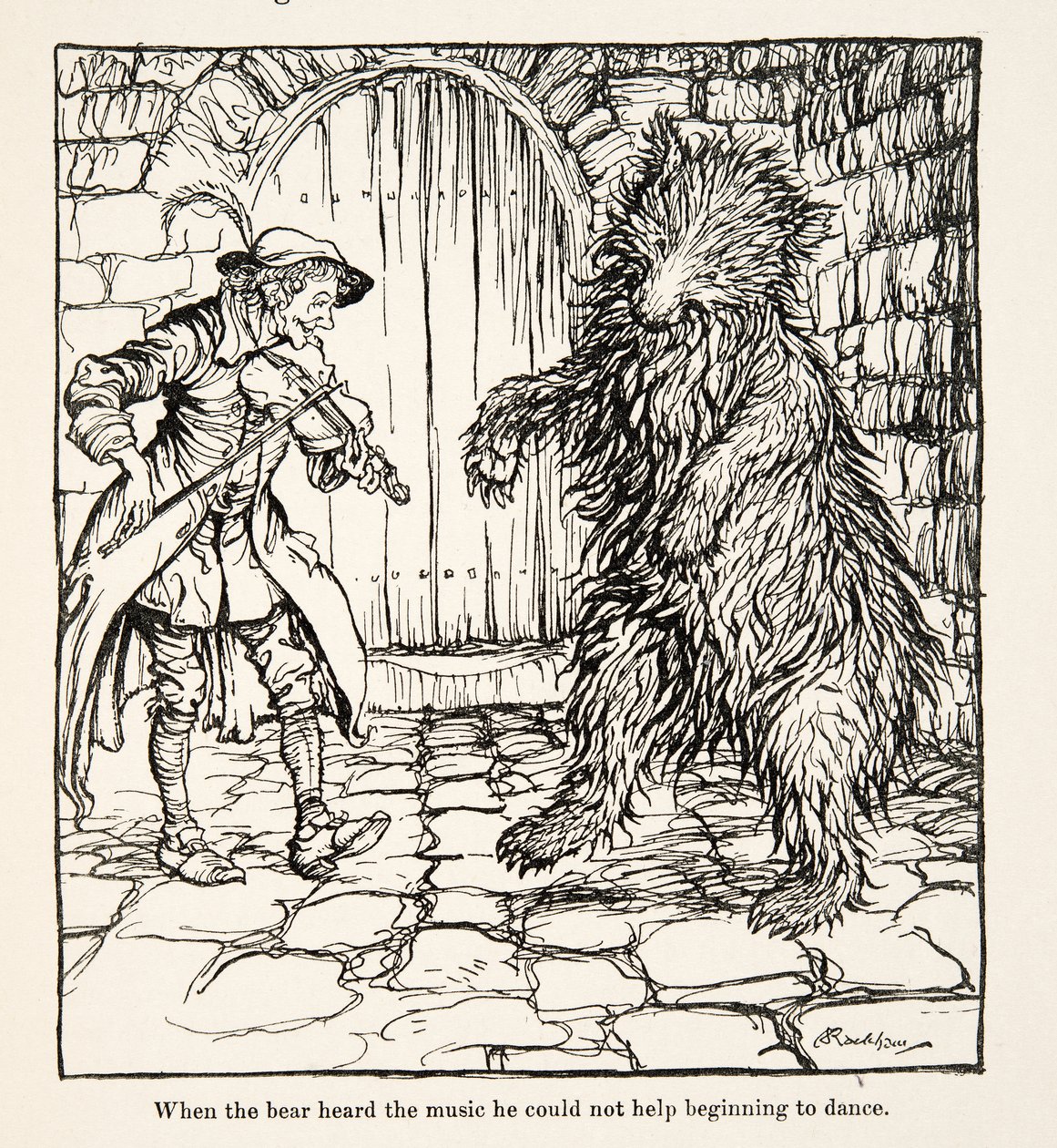 Když medvěd uslyšel hudbu, nemohl si pomoci a začal tančit, z knihy Bratr a sestřička a jiné pohádky bratří Grimmů, pub. 1917 (litho) od Arthur Rackham