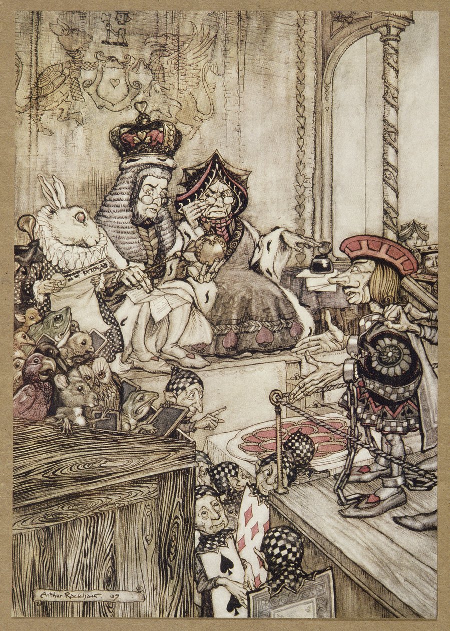 Who Stole the tarts?, z Alenčina dobrodružství v říši divů, Lewis Carroll, hospoda. 1907 (barevné lito) od Arthur Rackham