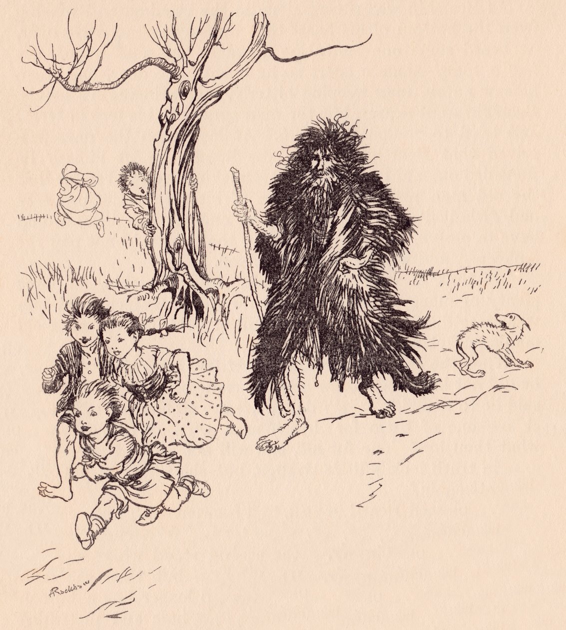 Kdo ho viděl, utekl. Ilustrace Arthur Rackham z Grimm