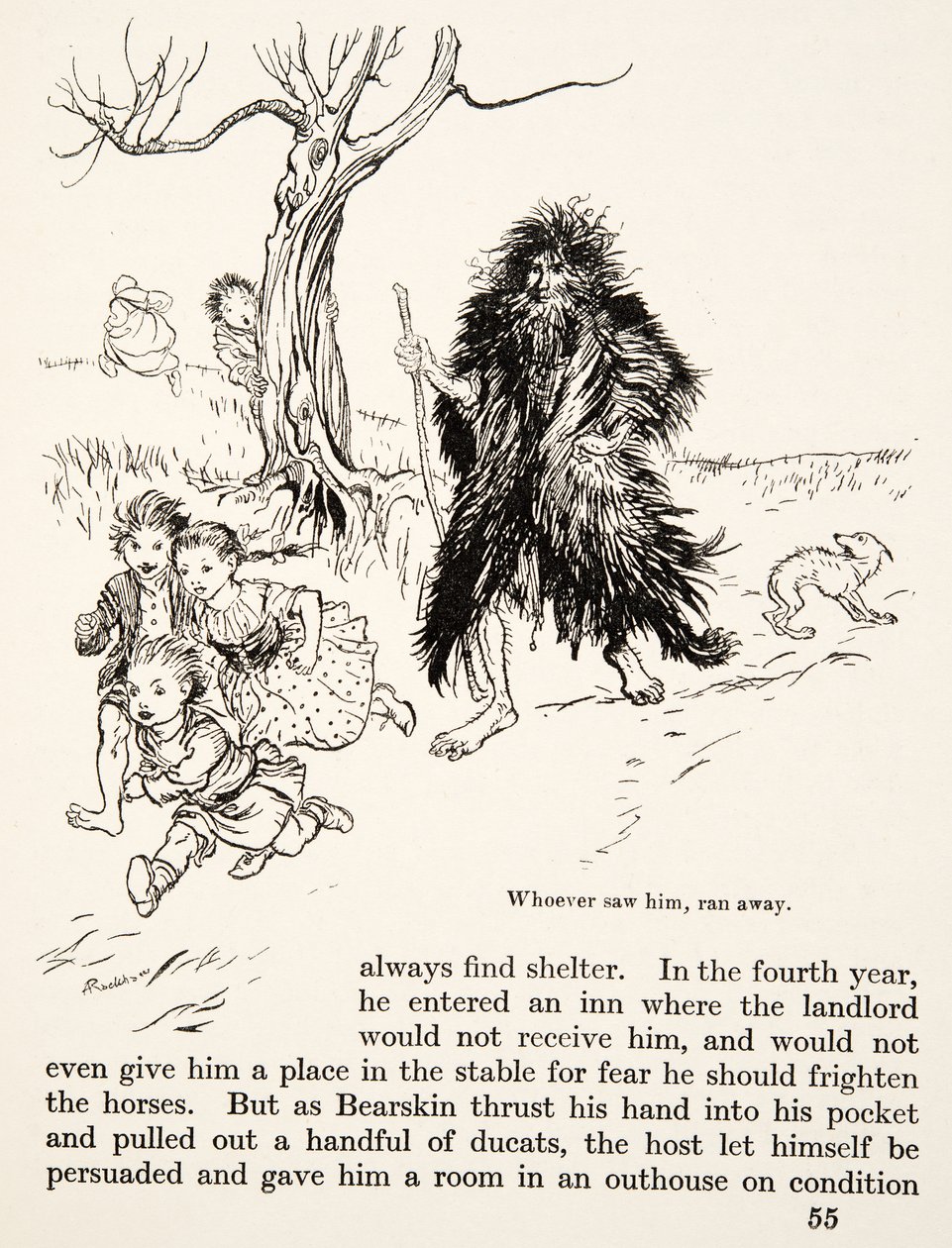 Kdo ho viděl, utekl, z Bratříčka a sestřičky a jiné pohádky bratří Grimmů, pub. 1917 (litho) od Arthur Rackham