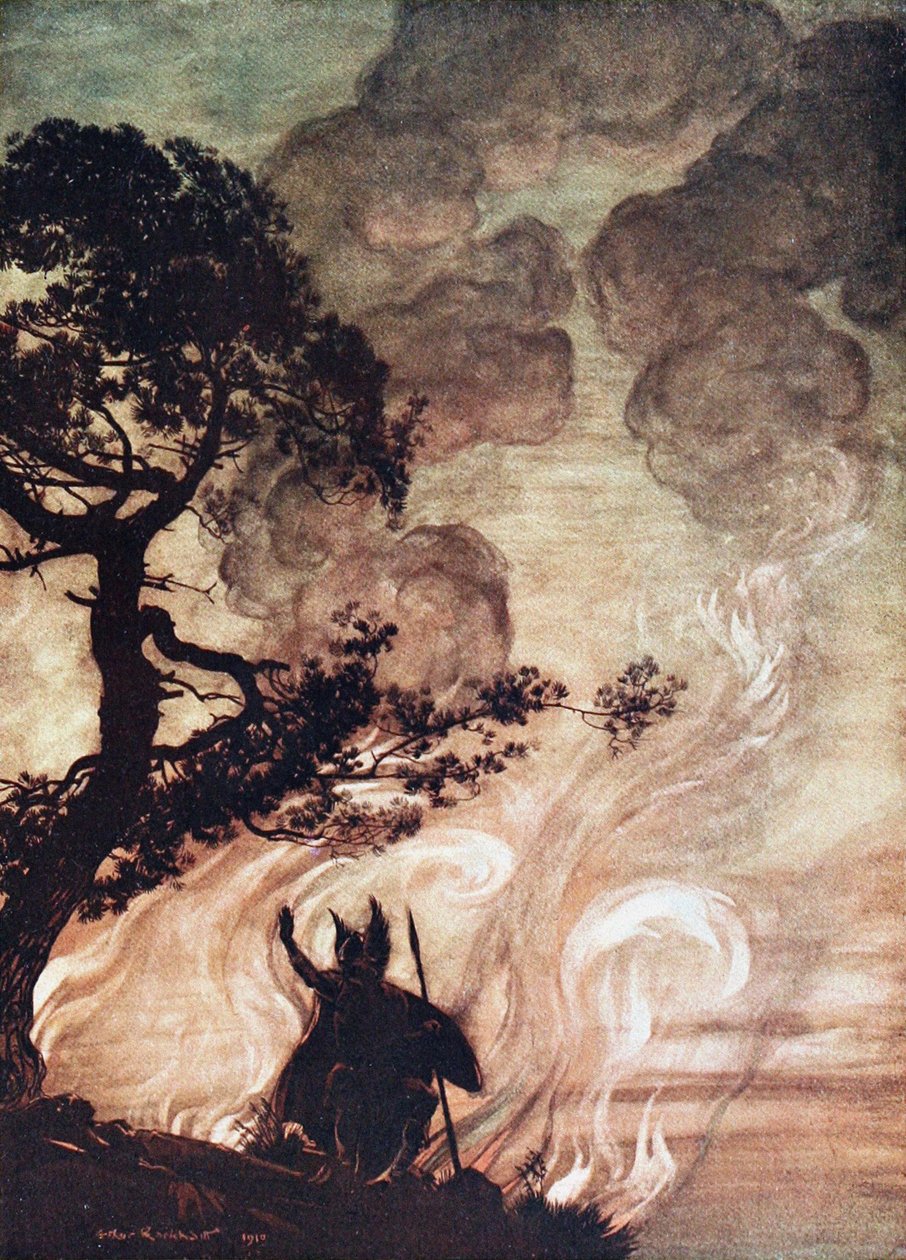 Wotan se otočí a smutně pohlédne zpět na Brünnhilde. Ilustrace pro The Rhinegold a The Valkyr od Arthur Rackham