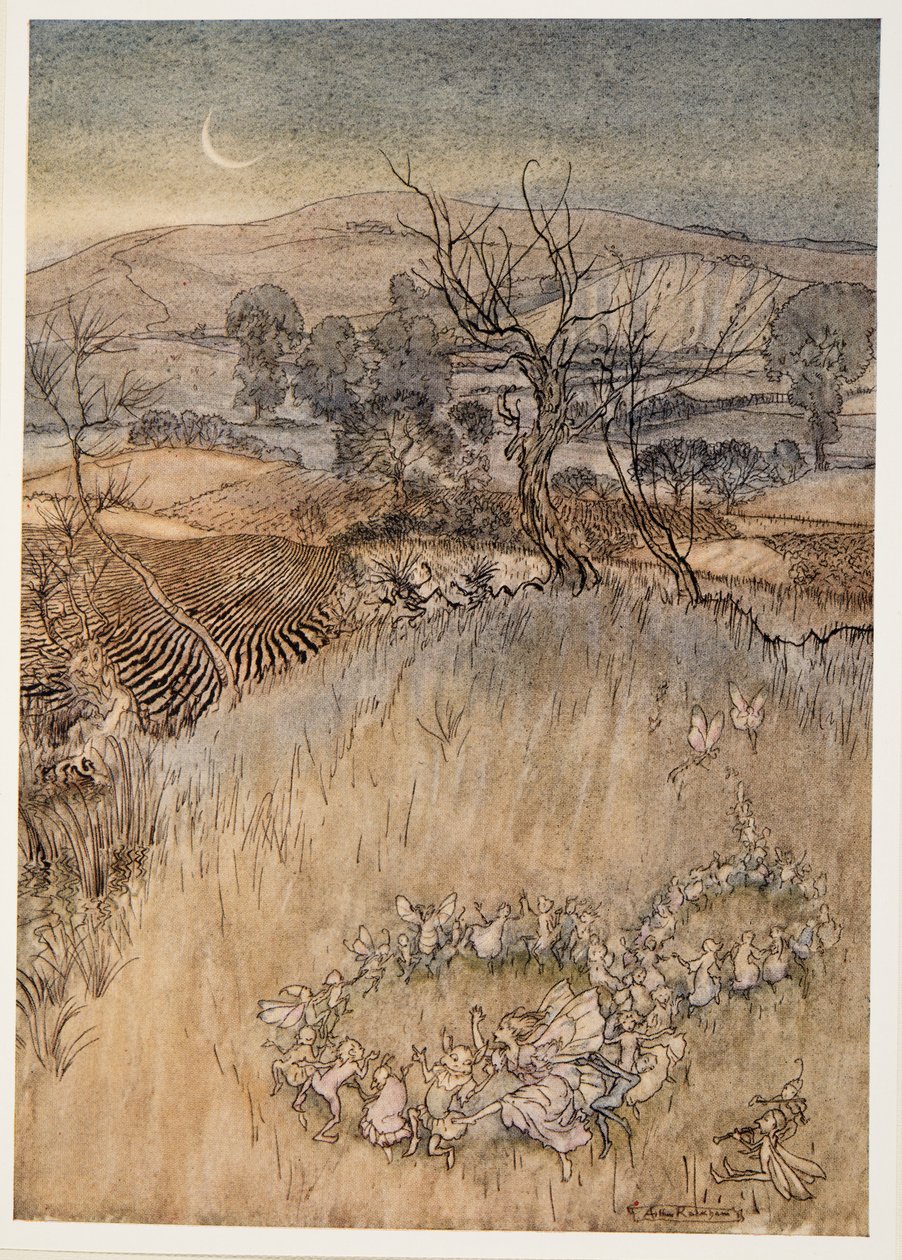 Vy pololoutky, které za měsíčního svitu dělají zelené kyselé kroužky, ilustrace od Williama Shakespearese Bouře, hospoda. 1926 od Arthur Rackham