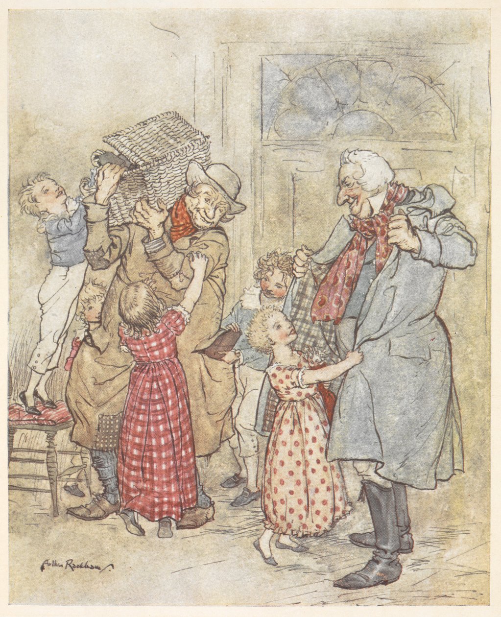 Malé děti pomáhají dvěma starším mužům s kabáty, když vcházejí do domu s vánočními dárky od Arthur Rackham