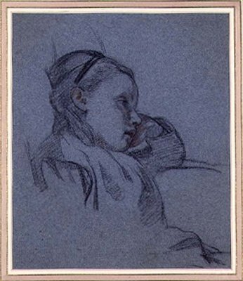 Portrét sedící dívky, kolem roku 1870 (červená a černá křída na modrém papíře) od Arthur Stocks