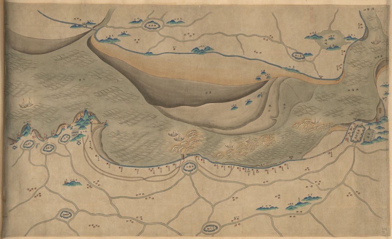 120 000. dodávané. Orientováno od severu dolů. Reliéf zobrazený obrázkově. Obrazová mapa. Hummel koupě 1930, č.p. 34. Ukazuje oblast podél řeky Qiantang, zejména část zálivu Hangzhou v provincii Zhejiang. Dostupné také prostřednictvím Knihovny o od Arthur W. Hummel