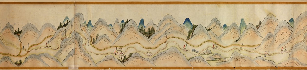 16 000. dodávané. Orientováno na sever vpravo. Reliéf zobrazený obrázkově. Pohled z ptačí perspektivy. Pokrývá řeku Wei v Baoji Xian, Shanxi Sheng až Shu Dao na hranici Shanxi-Sichuan. Zobrazuje osady, odpočívadla, nádraží, hostince, chrámy, horské průsmyk od Arthur W. Hummel