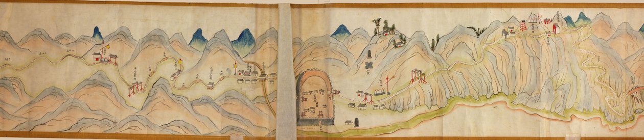 16 000. dodávané. Orientováno na sever vpravo. Reliéf zobrazený obrázkově. Pohled z ptačí perspektivy. Pokrývá řeku Wei v Baoji Xian, Shanxi Sheng až Shu Dao na hranici Shanxi-Sichuan. Zobrazuje osady, odpočívadla, nádraží, hostince, chrámy, horské průsmyk od Arthur W. Hummel
