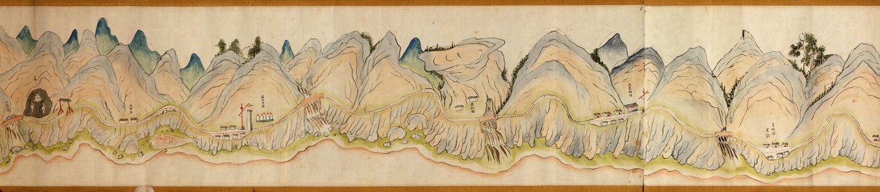 16 000. dodávané. Orientováno na sever vpravo. Reliéf zobrazený obrázkově. Pohled z ptačí perspektivy. Pokrývá řeku Wei v Baoji Xian, Shanxi Sheng až Shu Dao na hranici Shanxi-Sichuan. Zobrazuje osady, odpočívadla, nádraží, hostince, chrámy, horské průsmyk od Arthur W. Hummel