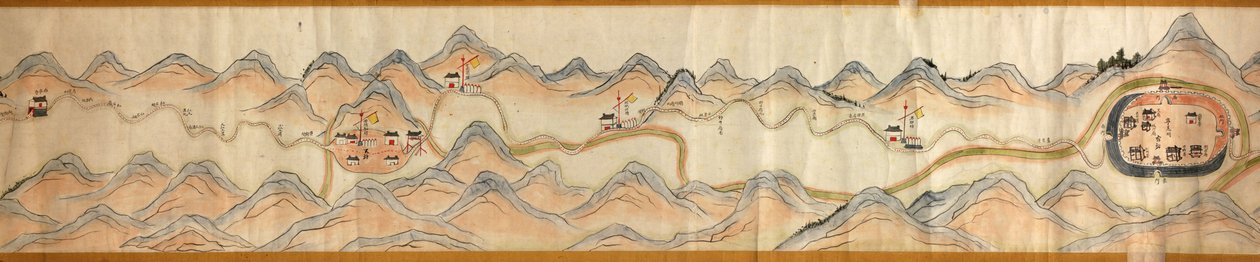 16 000. dodávané. Orientováno na sever vpravo. Reliéf zobrazený obrázkově. Pohled z ptačí perspektivy. Pokrývá řeku Wei v Baoji Xian, Shanxi Sheng až Shu Dao na hranici Shanxi-Sichuan. Zobrazuje osady, odpočívadla, nádraží, hostince, chrámy, horské průsmyk od Arthur W. Hummel