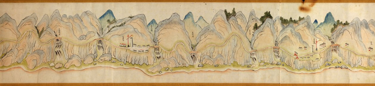 16 000. dodávané. Orientováno na sever vpravo. Reliéf zobrazený obrázkově. Pohled z ptačí perspektivy. Pokrývá řeku Wei v Baoji Xian, Shanxi Sheng až Shu Dao na hranici Shanxi-Sichuan. Zobrazuje osady, odpočívadla, nádraží, hostince, chrámy, horské průsmyk od Arthur W. Hummel