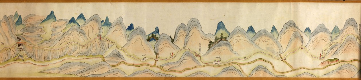 16 000. dodávané. Orientováno na sever vpravo. Reliéf zobrazený obrázkově. Pohled z ptačí perspektivy. Pokrývá řeku Wei v Baoji Xian, Shanxi Sheng až Shu Dao na hranici Shanxi-Sichuan. Zobrazuje osady, odpočívadla, nádraží, hostince, chrámy, horské průsmyk od Arthur W. Hummel