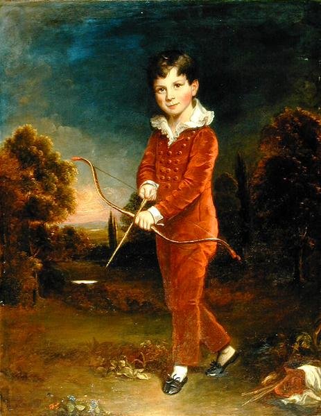 Portrét mladého chlapce v červeném obleku držícího luk a šíp (olej na plátně) od Arthur William Devis