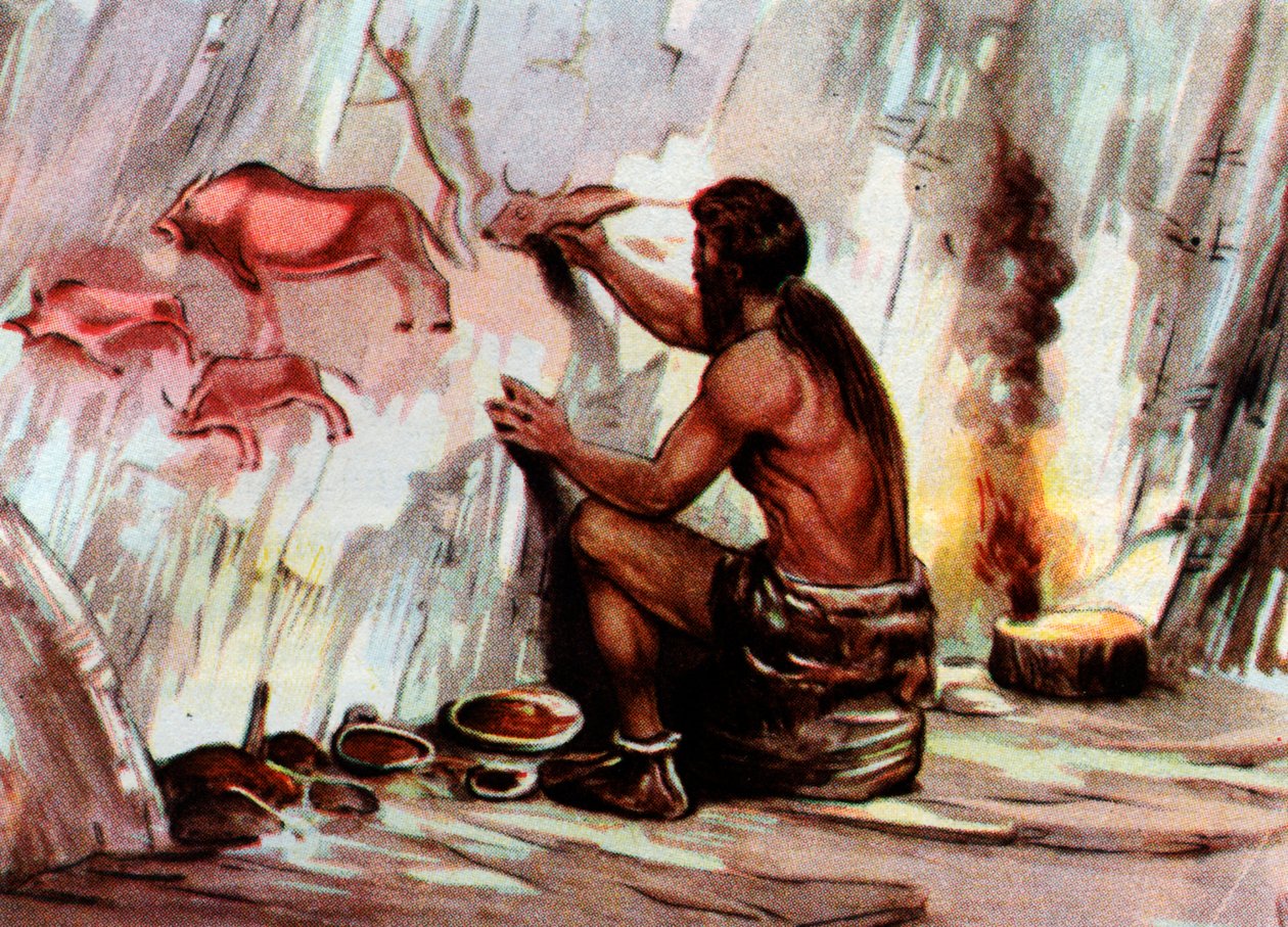 Malba Homo Sapiens v jeskyni, z knihy "Vita Meravigliosa" (tisk) od Artist Unknown